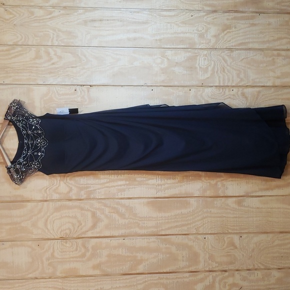 Xscape NWT Navy Beaded Cap Sleeve Illusion Ruched Cascade Ruffle Maxi Dr… - Picture 1 of 10
